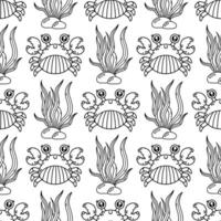 Funny crab seamless pattern. Aquatic animal in a shell, with claws. An ocean creature swims on the seabed among seaweed. Coloring book for kids. Hand drawn outline, marine background vector