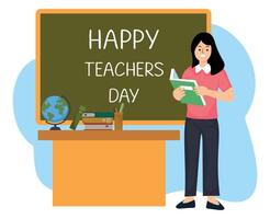 portrait female teacher standing hold book on front a blackboard or happy teachers day vector