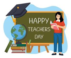 female teacher standing hold book on front a blackboard or greeting happy teachers day vector