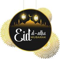 Eid Al Adha Mubarak Design with golden Mandala, Lantern, Mosque vector