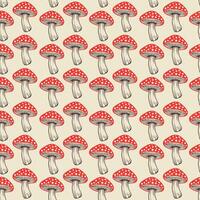 Seamless pattern. flat fly agaric mushroom black background. amanita vector