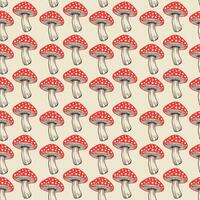 Seamless pattern. flat fly agaric mushroom black background. amanita vector