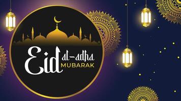 Eid al Adha Mubarak background with gold color. calligraphic inscription translated into English as Feast of the Sacrifice. Drawn mosque night view. with golden decorative lanterns. vector