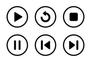 Play, replay, stop, pause, previous, and next track icon on circle line vector