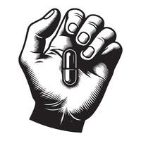 bare hand holding a pill, black color silhouette vector