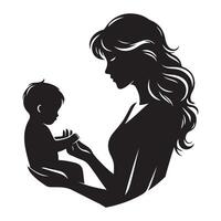 Mother holding baby sons hand, black color silhouette vector