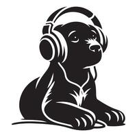 perro en auriculares escuchando a música, negro color silueta vector