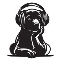 perro en auriculares escuchando a música, negro color silueta vector