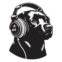 perro en auriculares escuchando a música, negro color silueta vector