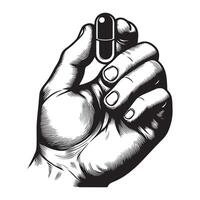 bare hand holding a pill, black color silhouette vector