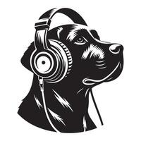 Dog in headphones listening to music, black color silhouette vector