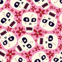 cute cartoon seamless pattern with funny skulls with a flowers vector