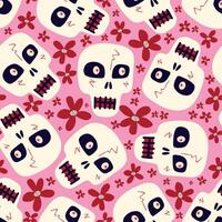 linda dibujos animados sin costura modelo con gracioso calaveras con un flores vector