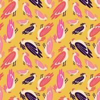 A yellow and pink bird pattern with birds of different colors and sizes vector