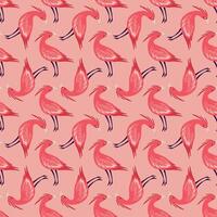 A pink and red bird patterned fabric with birds of various sizes and positions vector