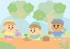 niños plantando el árbol en jardín. vector