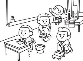 Students cleaning the classroom coloring pages. vector