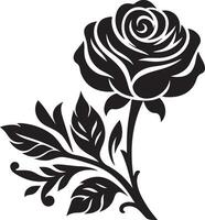 decorative rose with leaves, black color silhouette vector