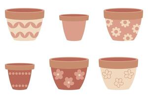 Empty flower terracotta pots of different shapes collection. Hand drawn illustration isolated on white background. vector