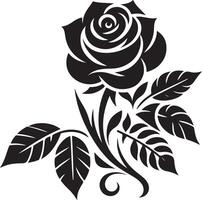 decorative rose with leaves, black color silhouette vector