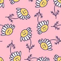 Hand drawn sad chamomile flowers seamless pattern in simple doodle style. Perfect print for tee, paper, textile and fabric. Summer illustration for decor and design. vector