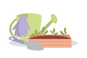 Hand drawn watering can and seedling box. Taking care of seedlings concept. illustration isolated on white background. vector