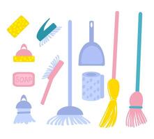 set of cleaning accessories clipart. Collection of housework symbols in flat style. Hand drawn illustration isolated on white background. vector