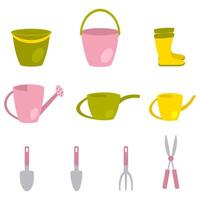 Hand drawn gardening tools clipart collection. Summer garden flat set. illustration isolated on white background. vector