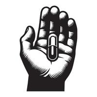 bare hand holding a pill, black color silhouette vector
