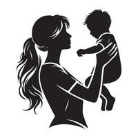 Mother holding baby sons hand, black color silhouette vector