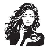 mujer con piel cuidado cosmético crema en mano , negro color silueta vector