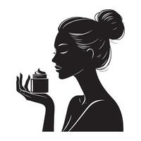 Woman with skin care cosmetic cream on hand , black color silhouette vector