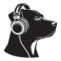 perro en auriculares escuchando a música, negro color silueta vector