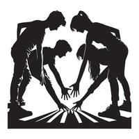 Friends stretching hands toward each other against, black color silhouette 3 vector
