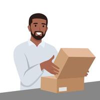 Young man Unpacking paper box concept. Young man opens parcel with orders delivered by postal service. vector