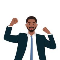Young black man winning at work. Businessman with strong emotions wearing business suit. Fist up happy. vector