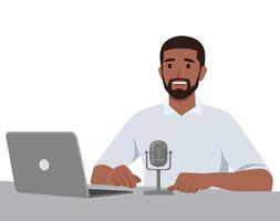 Male podcaster talking to microphone recording podcast in studio. vector