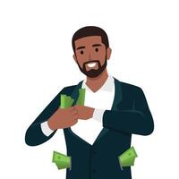 Young wealthy businessman with money in all pockets show success. vector