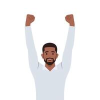 Young black man with raised hands up celebrating success. vector