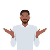 Gesture oops, sorry or I do not know. Black man shrugs and spreads his hands. vector