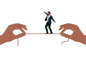 Young black businessman walking on thin rope. vector