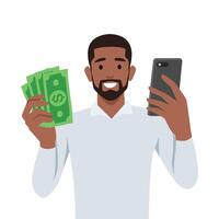 Young Black Businessman holding smartphone and dollars. vector