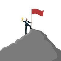 Successful businessman holding a flag and trophy on top of mountain. vector