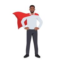 Young superhero standing with cape waving in the wind. Successful happy hero businessman. vector