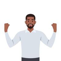 Young black man winning at work. Businessman with strong emotions on his face. Fist up happy. vector