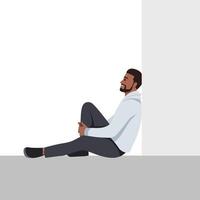 Young depressed black man character sitting on the floor and think about his future. vector