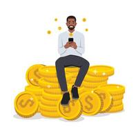 Young success man sitting on pile of dollar coins. Big money and coins. Finance success. vector