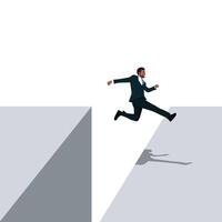 Young businessman running jump from one cliff to another. vector