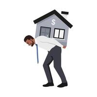 Desperate black businessman carry a heavy home. Business concept. vector