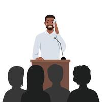 Shy young man sweating, feeling fear and anxiety during public speaking. vector